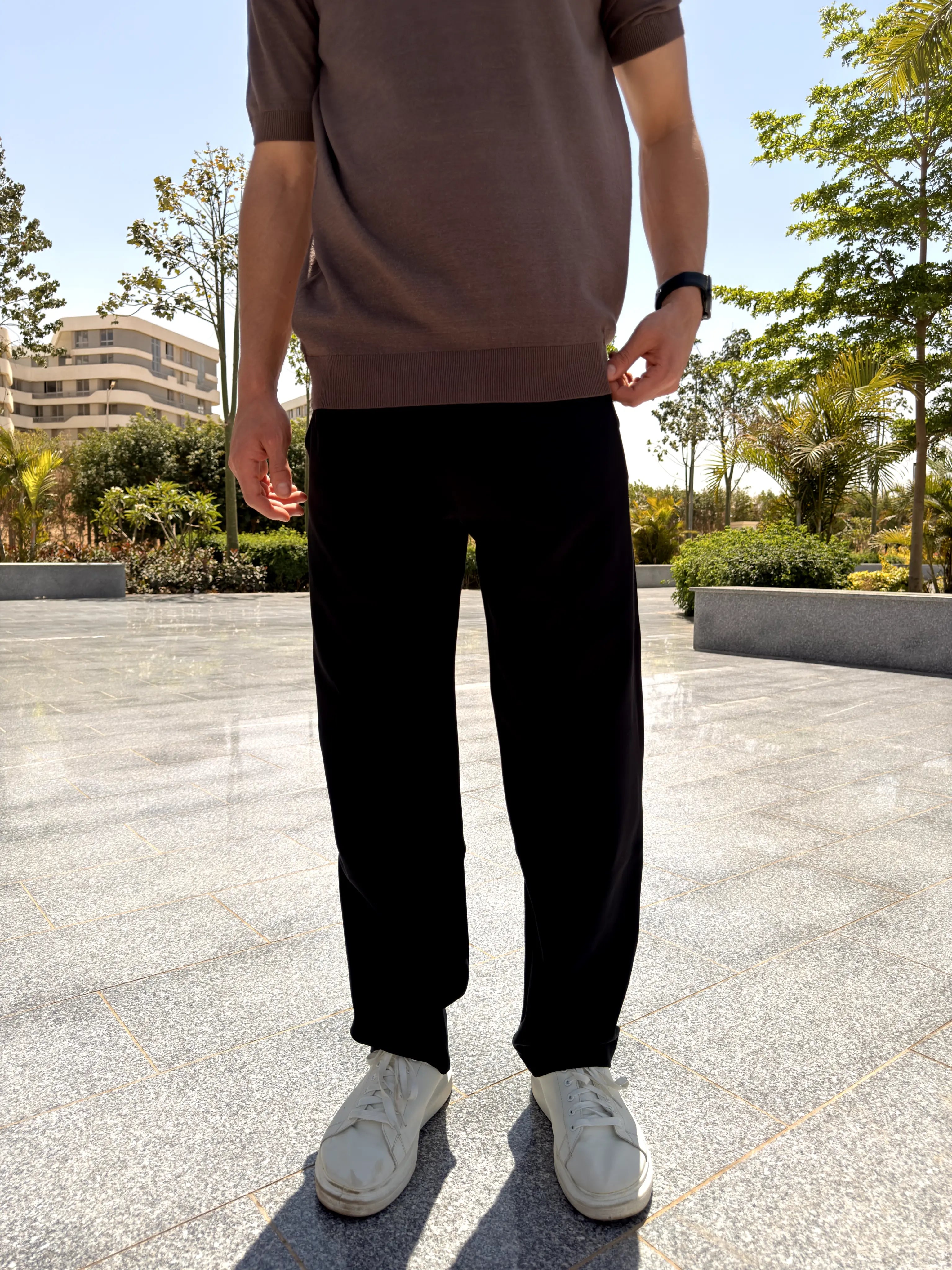 REGULAR FIT  TEXTURED COTTON PANTS - Black