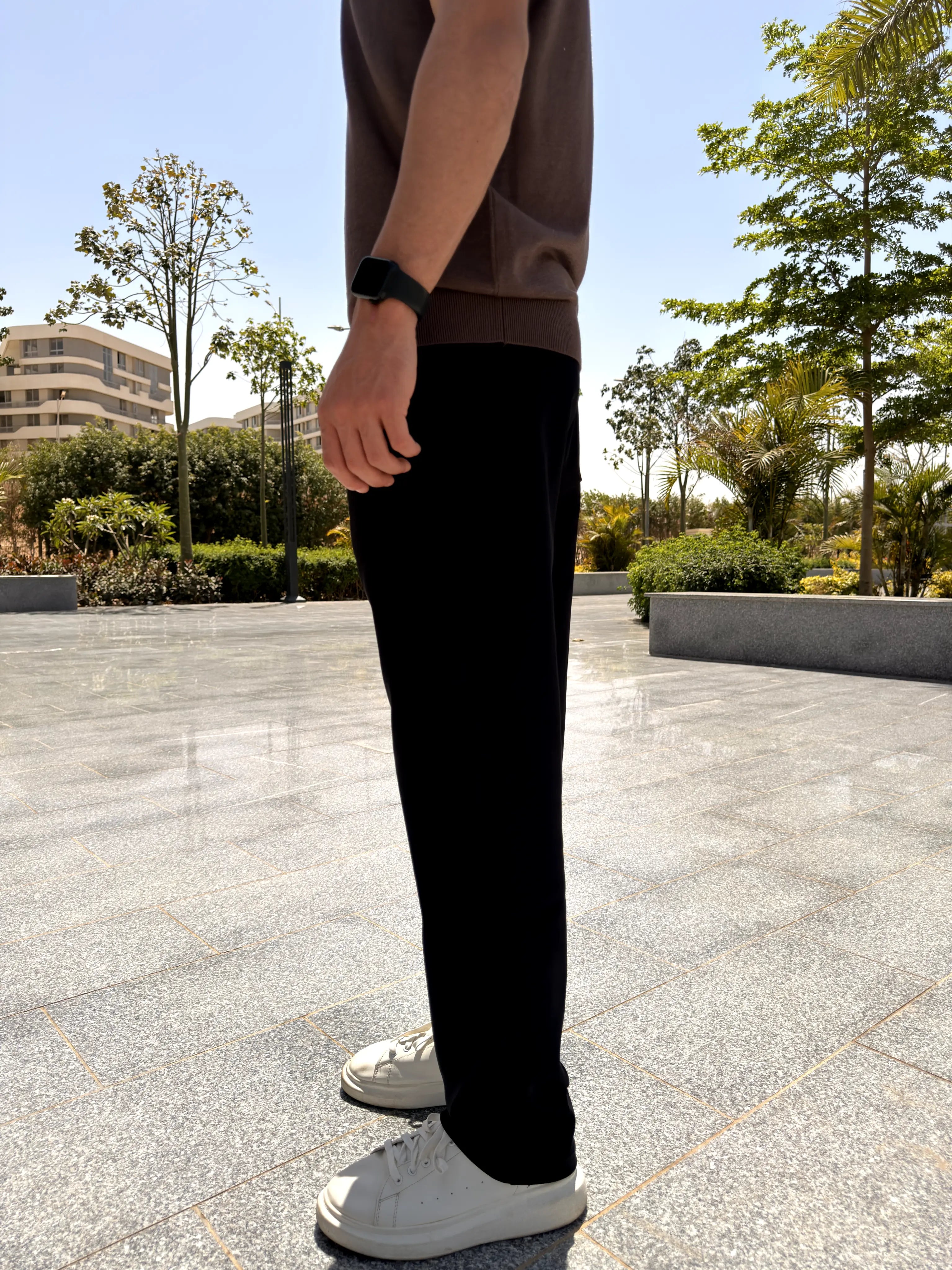 REGULAR FIT  TEXTURED COTTON PANTS - Black