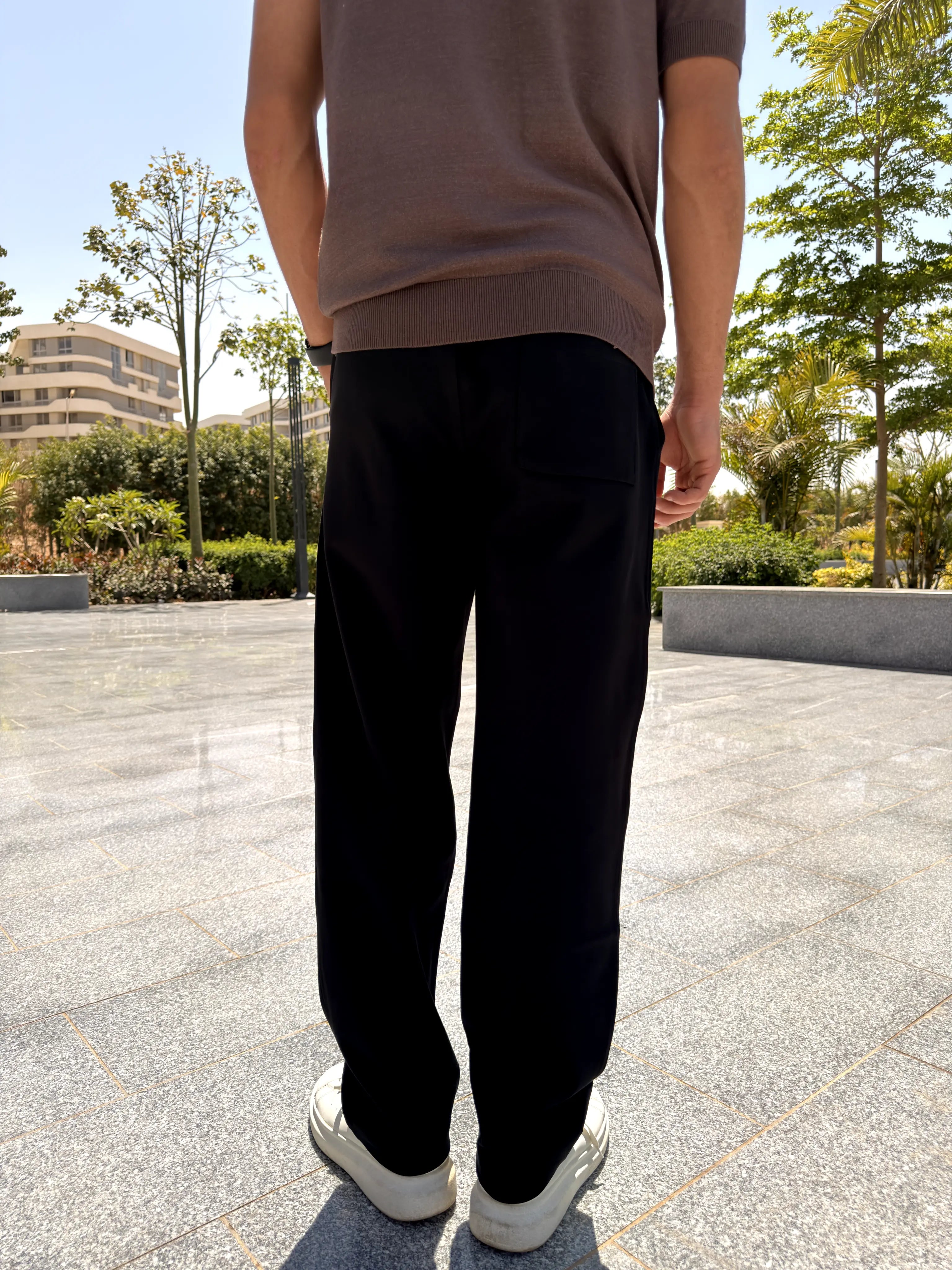REGULAR FIT  TEXTURED COTTON PANTS - Black