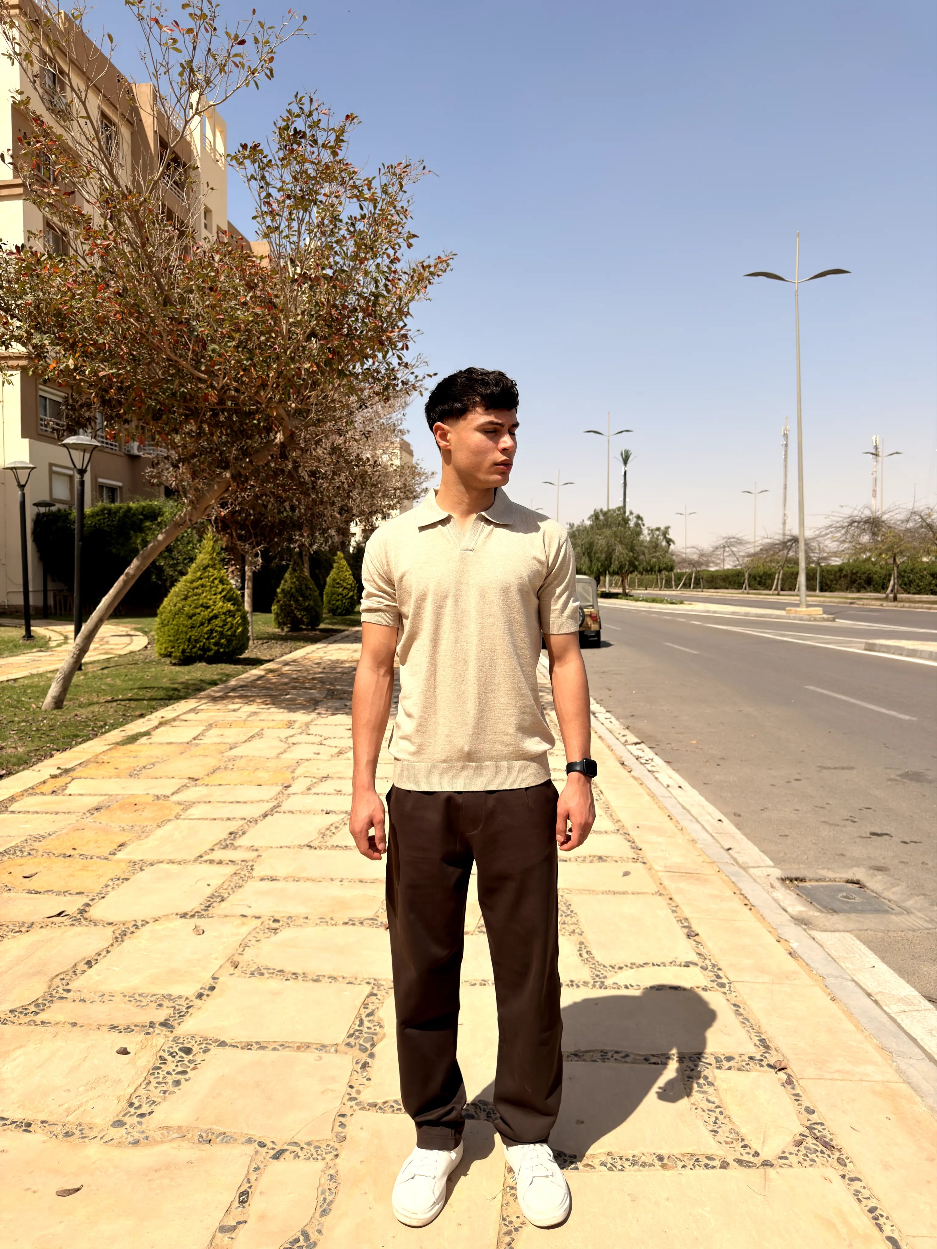 REGULAR FIT  TEXTURED COTTON PANTS - Brown