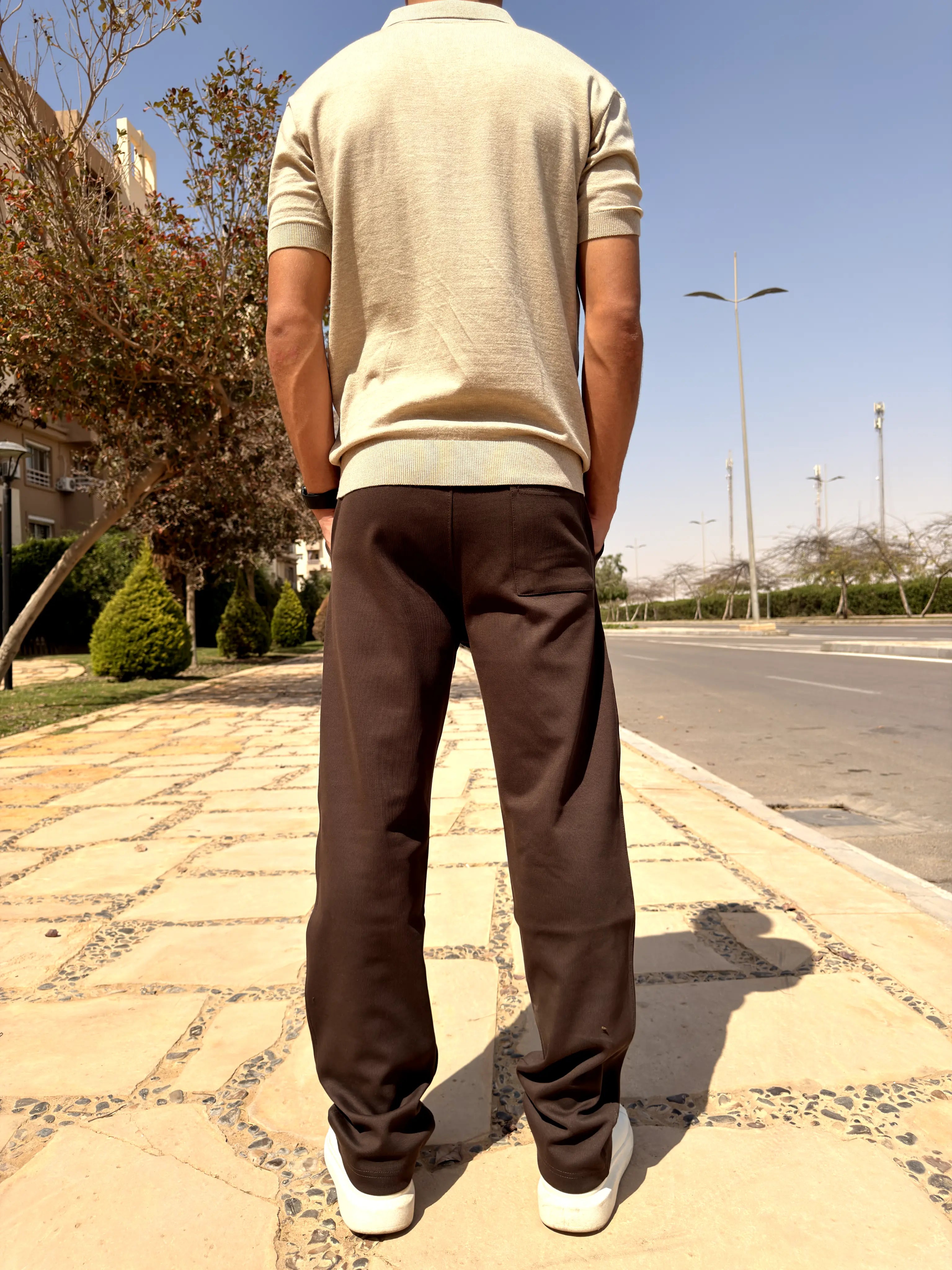 REGULAR FIT  TEXTURED COTTON PANTS - Brown