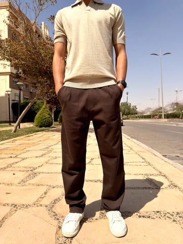 REGULAR FIT  TEXTURED COTTON PANTS - Brown