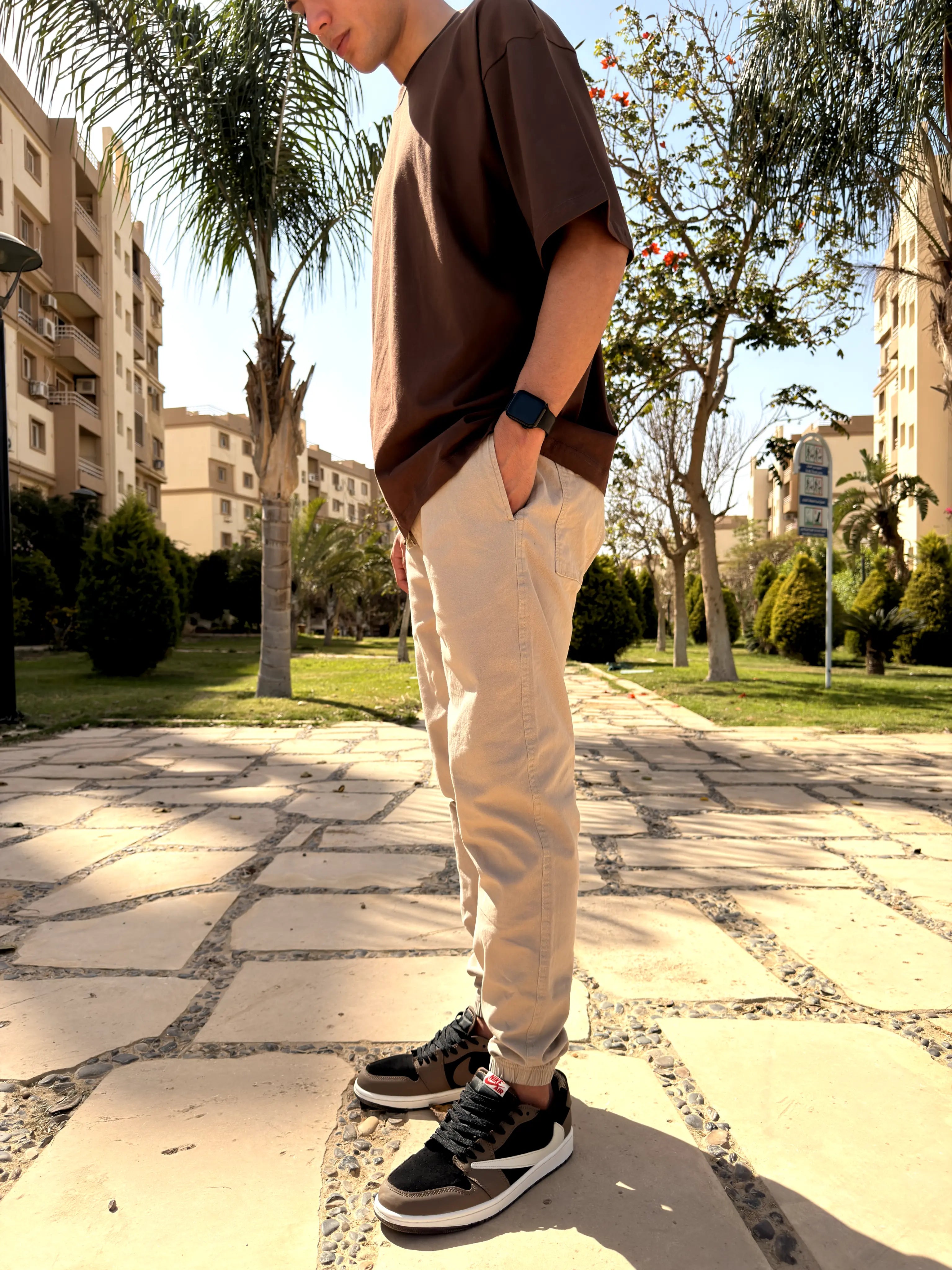 GABARDINE JOGGER PANTS WITH ELASTICATED HEM - Beige