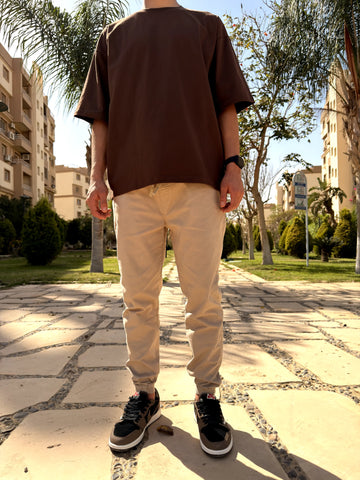GABARDINE JOGGER PANTS WITH ELASTICATED HEM - Beige