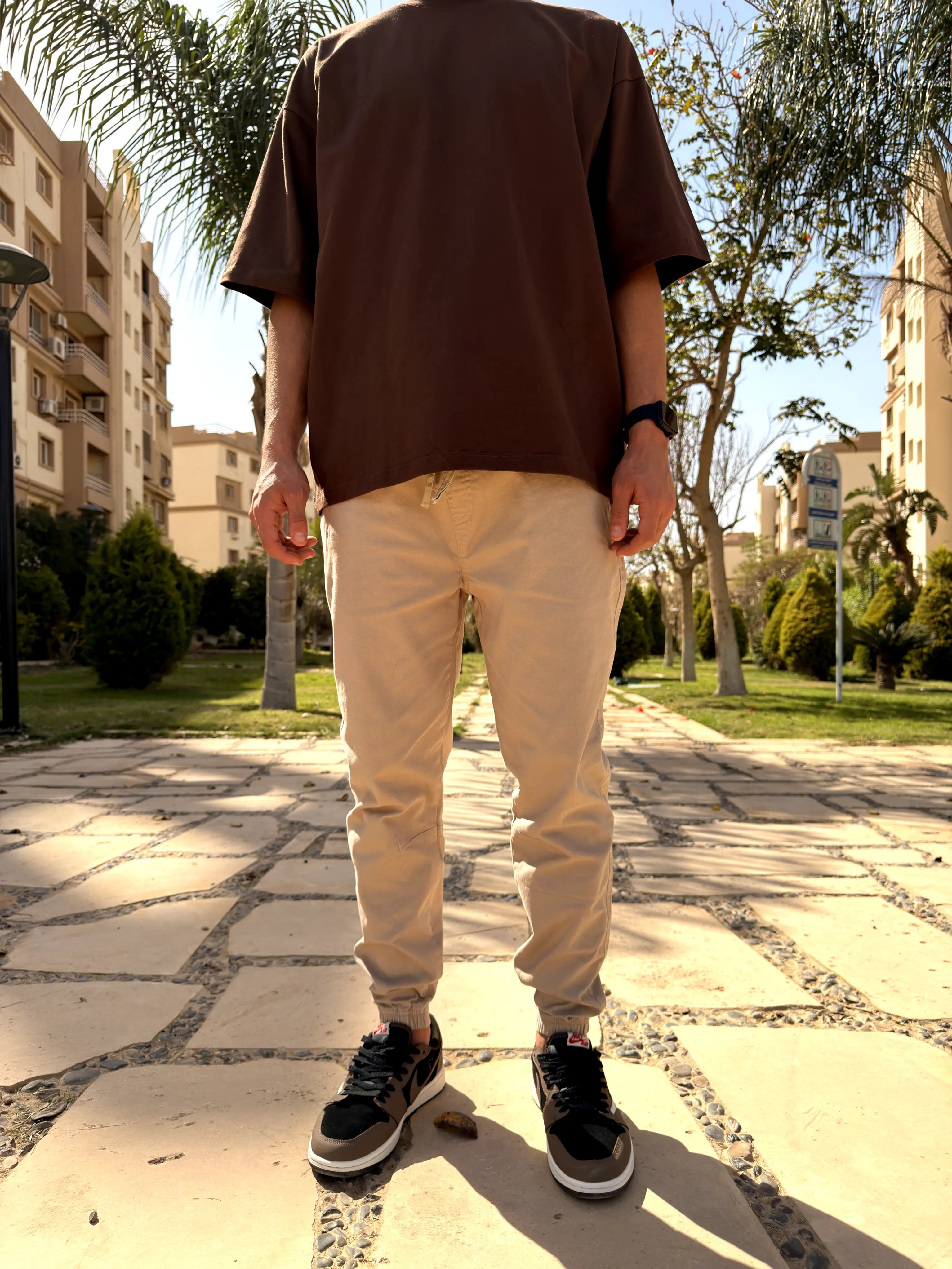 GABARDINE JOGGER PANTS WITH ELASTICATED HEM - Beige