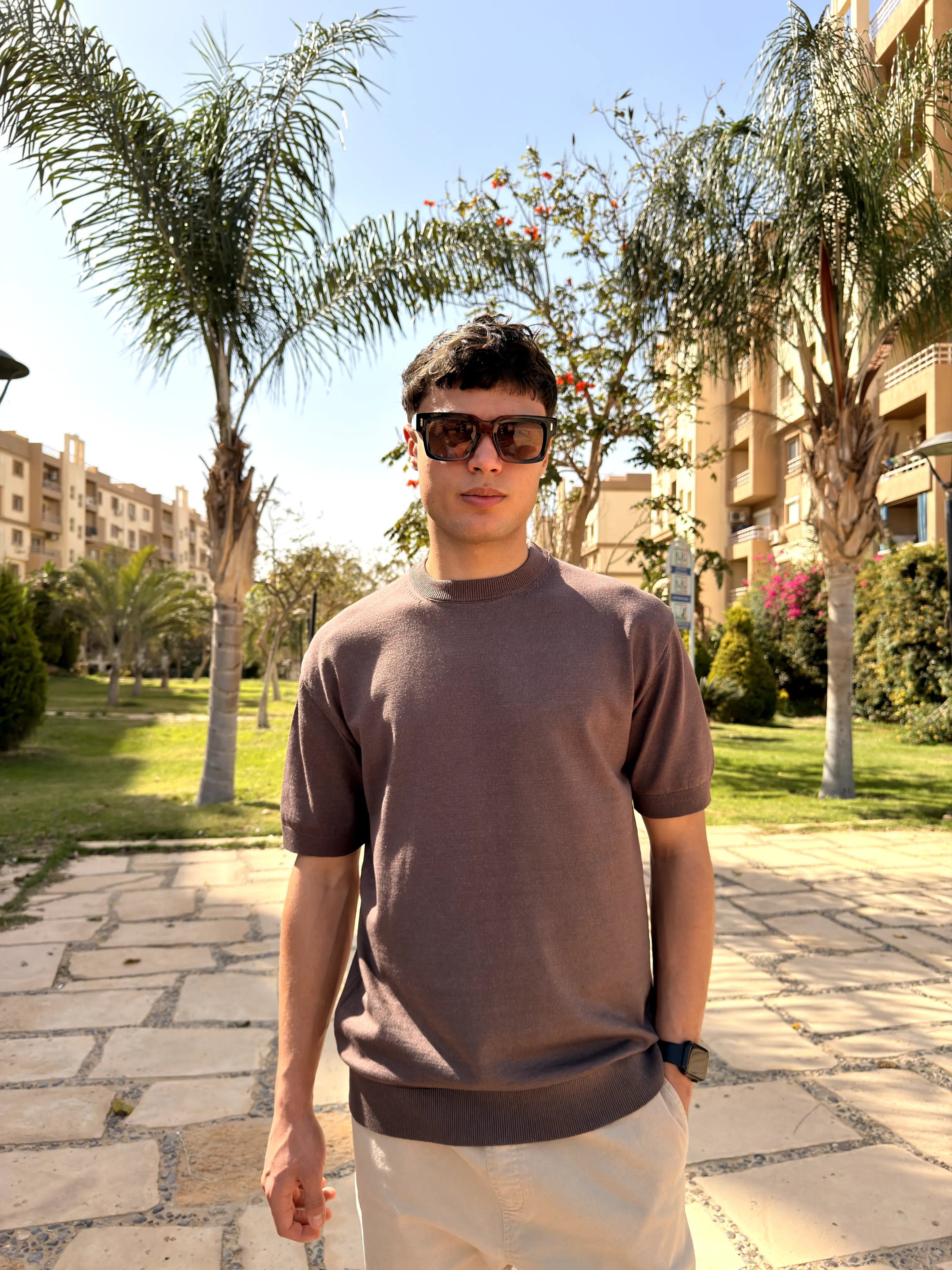 REGULAR FIT SOFT KNIT T-SHIRT -  Brown