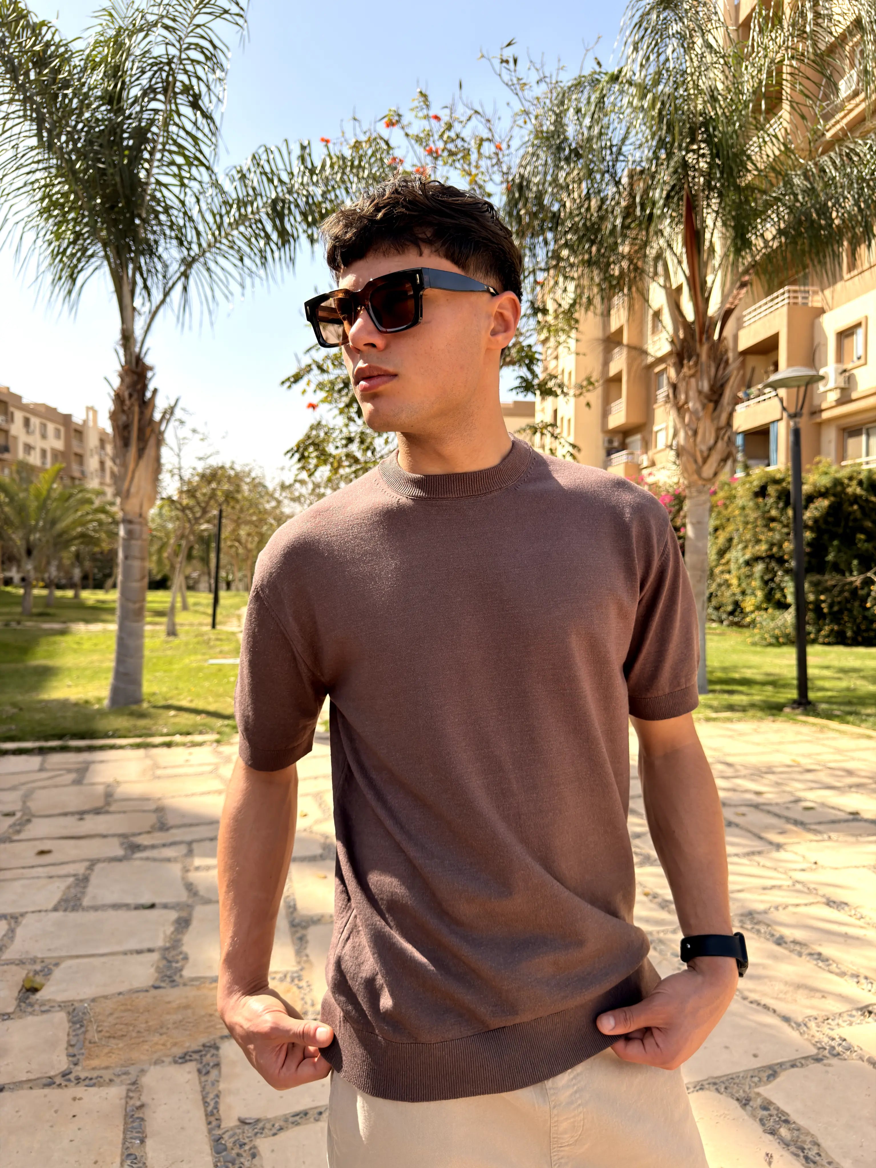 REGULAR FIT SOFT KNIT T-SHIRT -  Brown