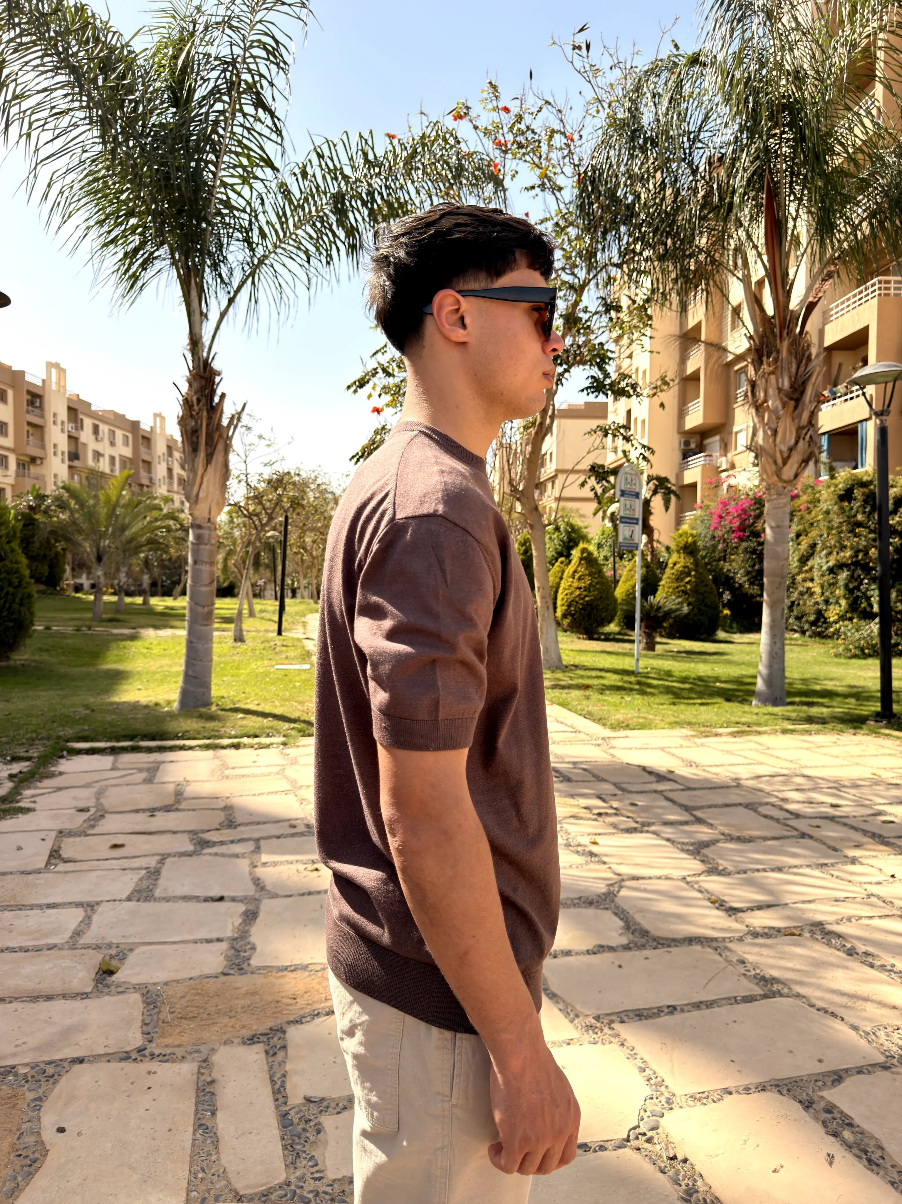REGULAR FIT SOFT KNIT T-SHIRT -  Brown